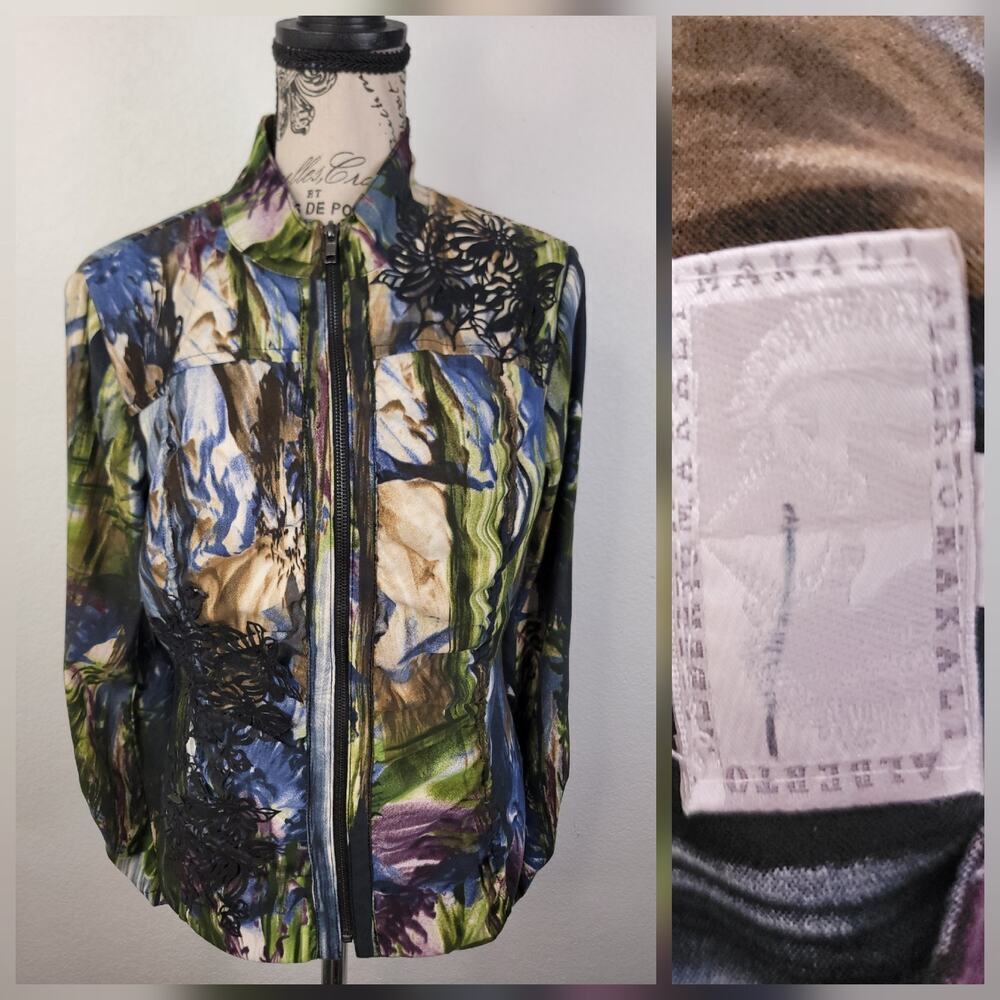 Alberto Makali Jacket Womens SZ 8 Floral Applique Zip Up Bomber Fitted Blazer